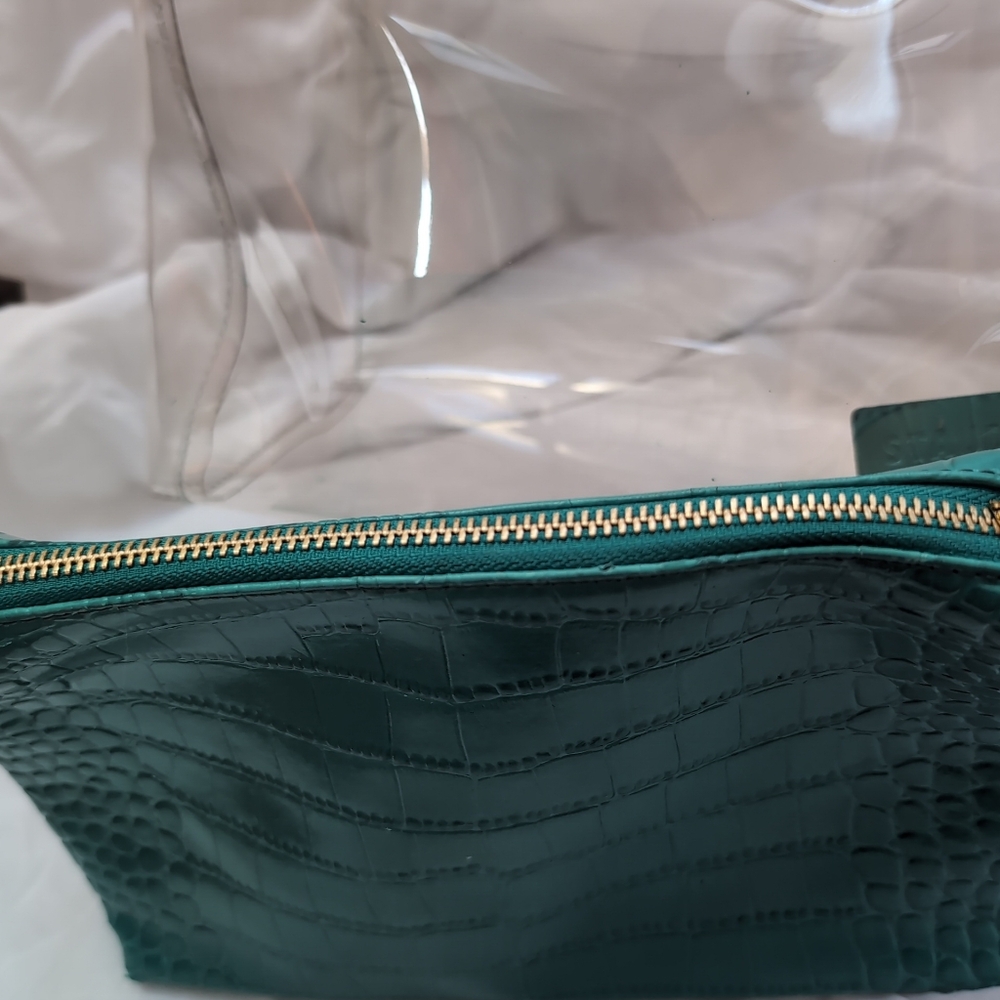 STAUD Teal Croc-Embossed Tote with Clear Overlay - Picture 4 of 5